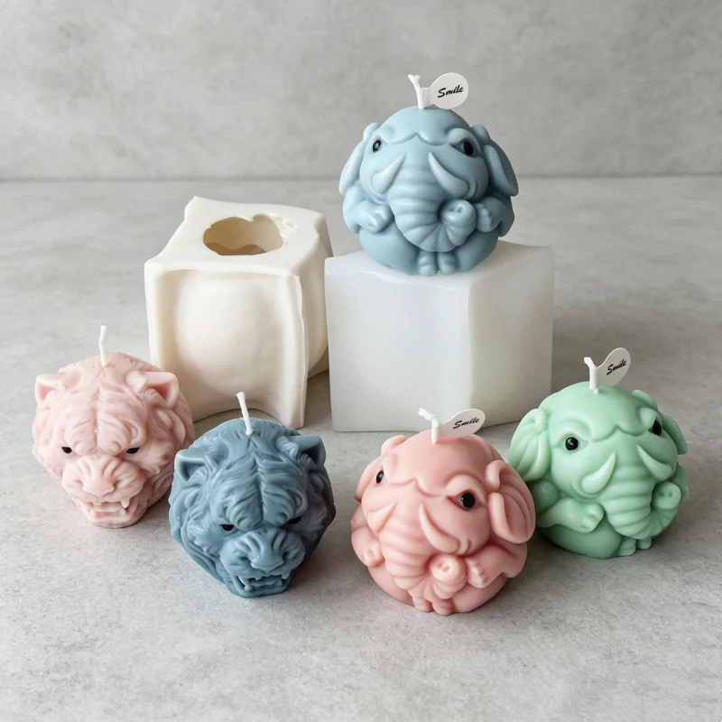 3D Lion & Elephant Head Silicone Candle Mold, Roaring & Cute Trunk Up Wax Mould for DIY Soap Resin Plaster Craft Home Decor Gift