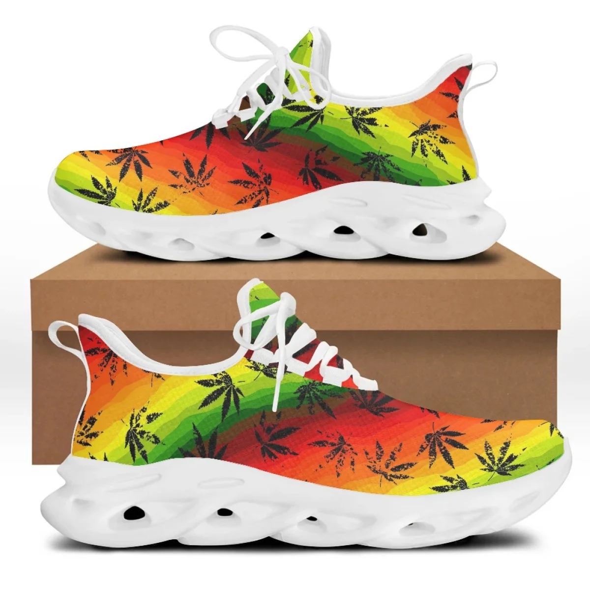 CYWGIFT Fashion Gradient 3D Weed Leaves Print Flat Shoes for Women Lightweight Eva Outsole Walking Sneakers Breathable Footwear