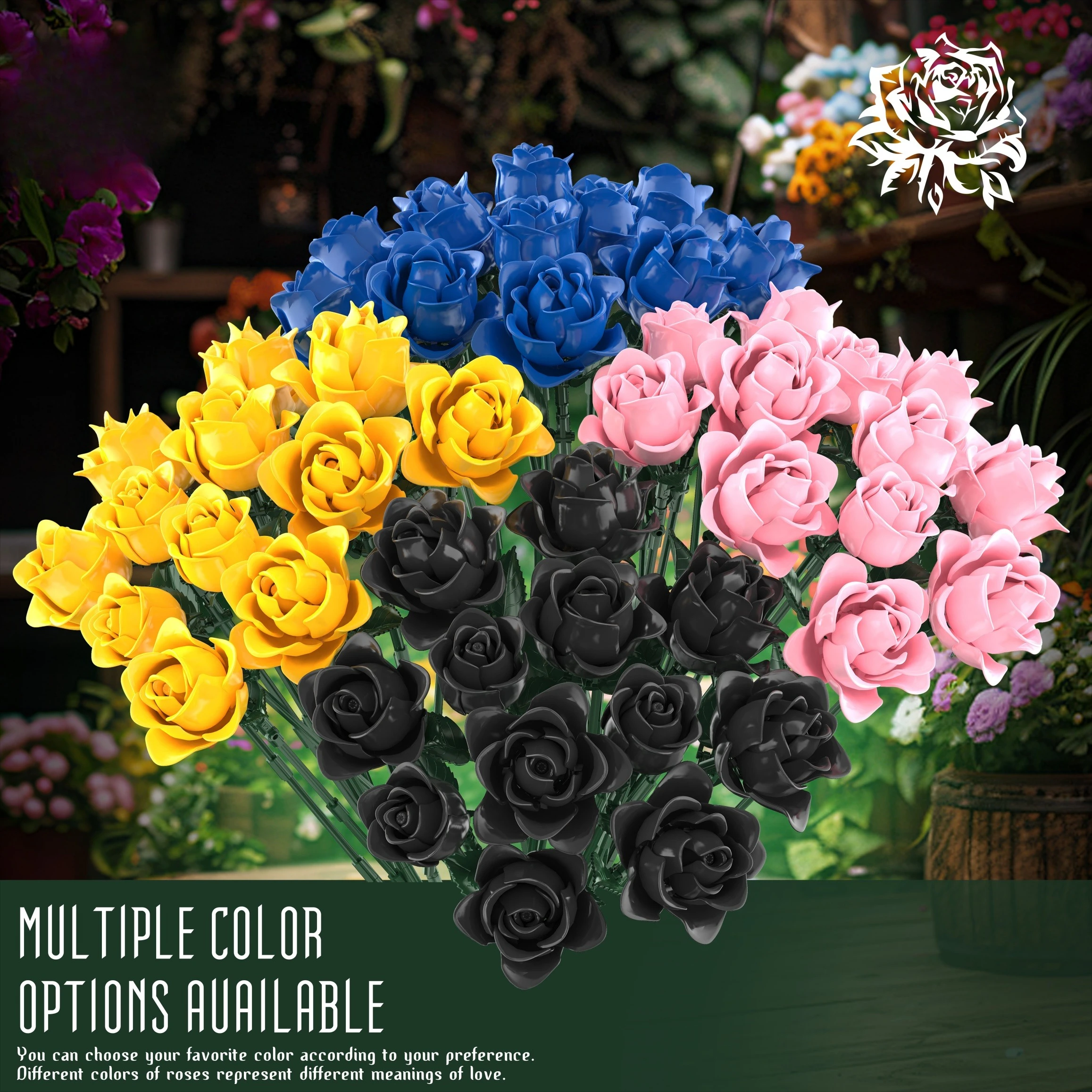 

MOC Exquisite Blue Yellow Pink Black Purple Roses Flower Building Blocks Multi Color Botanical Wedding Decor Toys Birthday Gifts