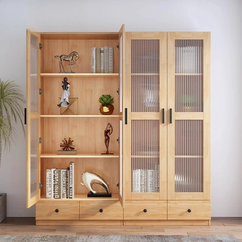 Water-based paint all solid wood locker bookcase living room floor 80CM double door tempered glass door dust cabinet