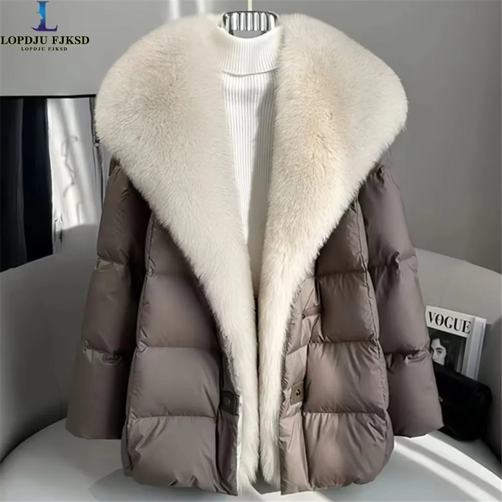 Entendaunenjacken für Damen, einreihiger Mantel, Windjacke mit Pelzkragen, gespleißt, Winter, neu, 2025