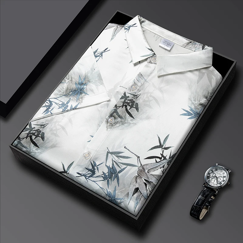 

Coolness Print Silk Blends Shirts For Men Short Sleeve Easy Care Summer High Quality Smooth Comfortable Casual Camisas De Hombre