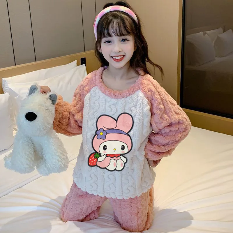 Kawaii 2 قطعة Kuromi ميلودي الأطفال أفخم منامة أنيمي سانريوس الفانيلا الخريف الشتاء الكرتون فتاة الموضة رشاقته الدافئة Homewear