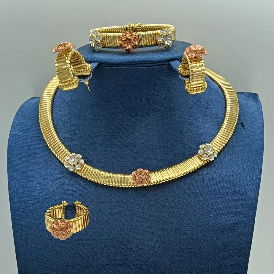 Statement Three Tone Dubai ewelry Set with Daisy Textured Fancy Necklace Bracelet Earrings Ring 4PC Jewellery for Wedding Party