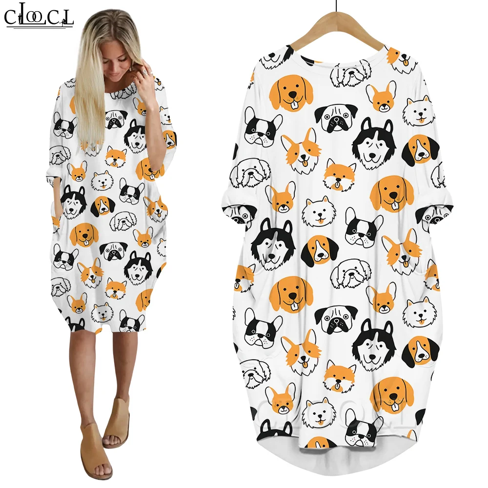 

CLOOCL Dress Streetwear Husky Golden Samoye Dog Print Vestidos Knee-Length Long Sleeves Crew Neck Loose Casual Robe Dresses