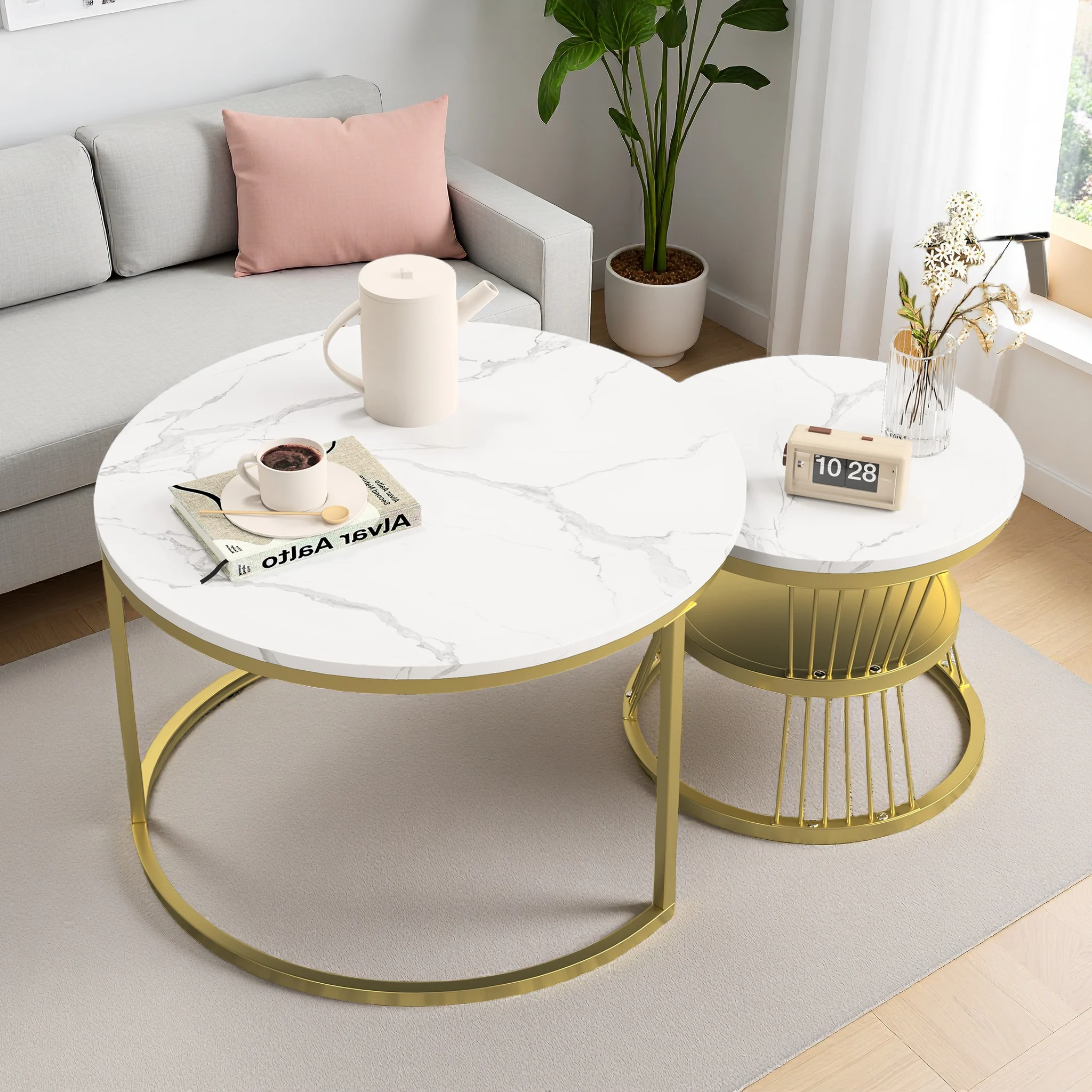 FANGANGE Mesa auxiliar redonda de 2 piezas, mesa de centro, estructura de metal, estilo moderno, adecuada para sala de estar y dormitorio, negro, dorado
