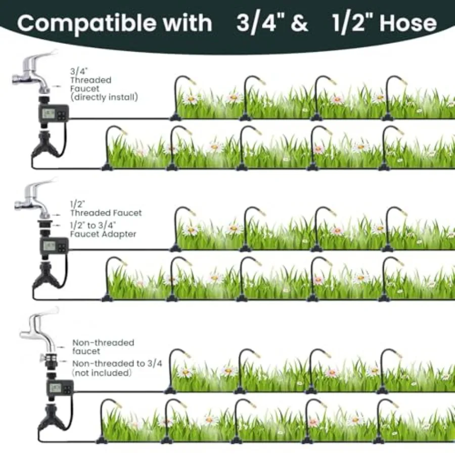 Smart Drip Irrigation System for Garden Yard Lawn 100FT Bendable Hose with 24 Adjustable Nozzles Water Timer, Compatible with 3