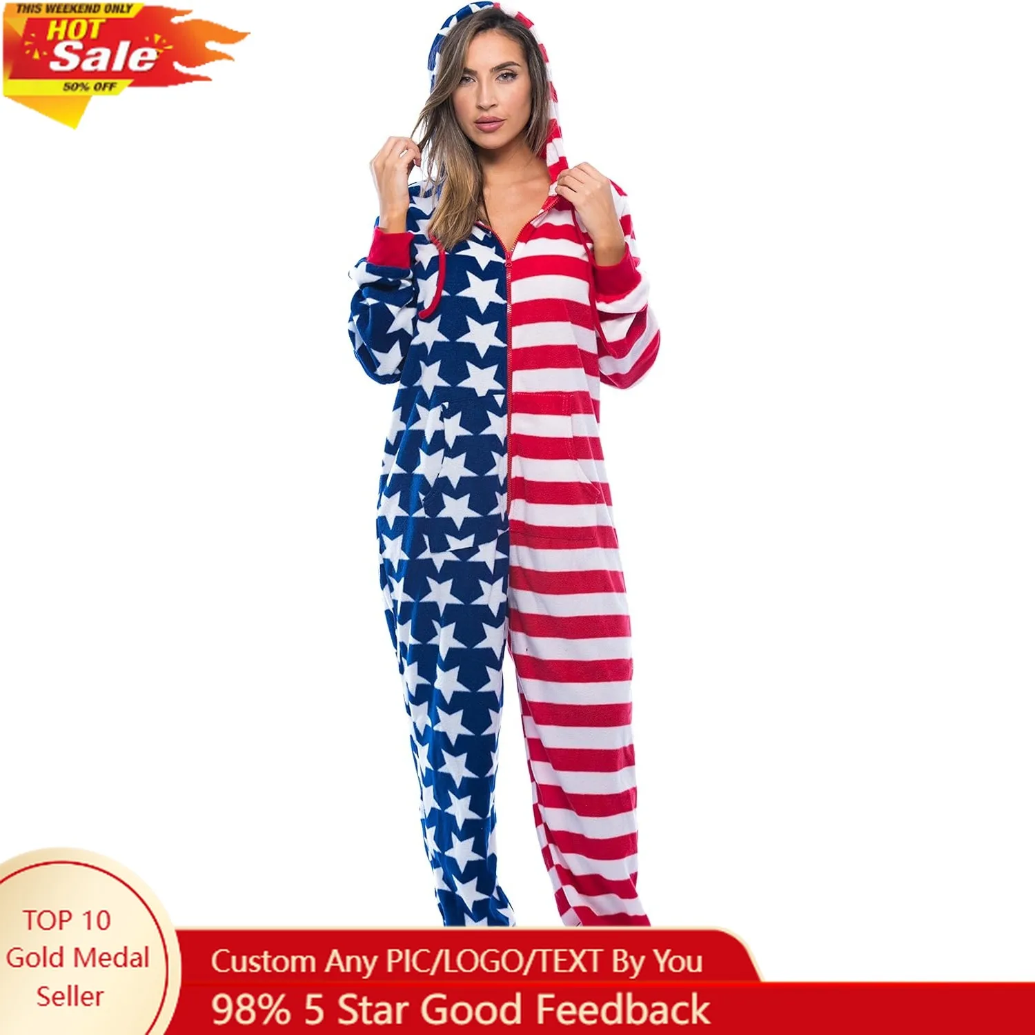 

followme American Flag Adult Onesie Pajamas Long Sleeve Sleepwear cuet Loungewear