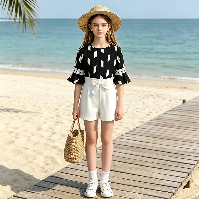 Girls 8‑12 Years Summer Suit Round Neck Keyhole Back Blouse Lace Flounce Cuff Elastic Waist Bow Tie White Shorts Casual Clothing