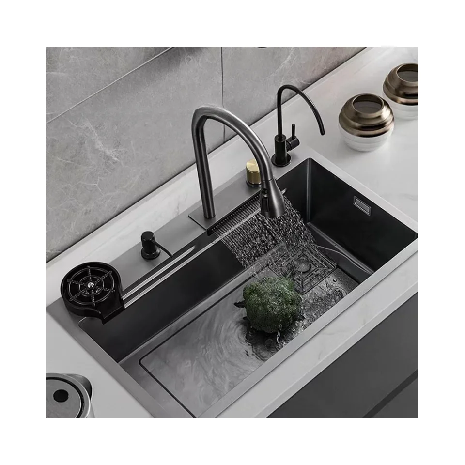 Waterfall Single Bowl Kitchen Sink Machine-Made Faucet Nano Stainless Steel 304 Black Modern Multifunction Countertop