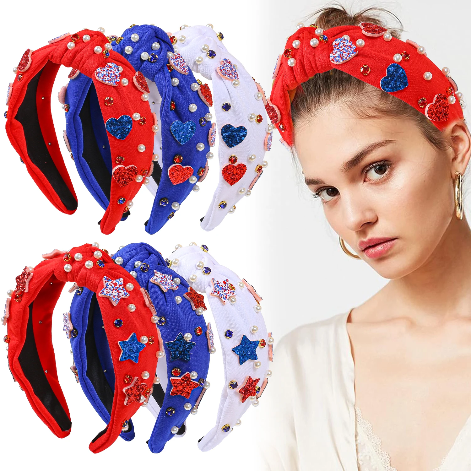 Diadema de estrella del Día de la Independencia de EE. UU. para mujeres y niñas, diademas de perlas de cristal, diadema con lazo, accesorios para el cabello de vacaciones