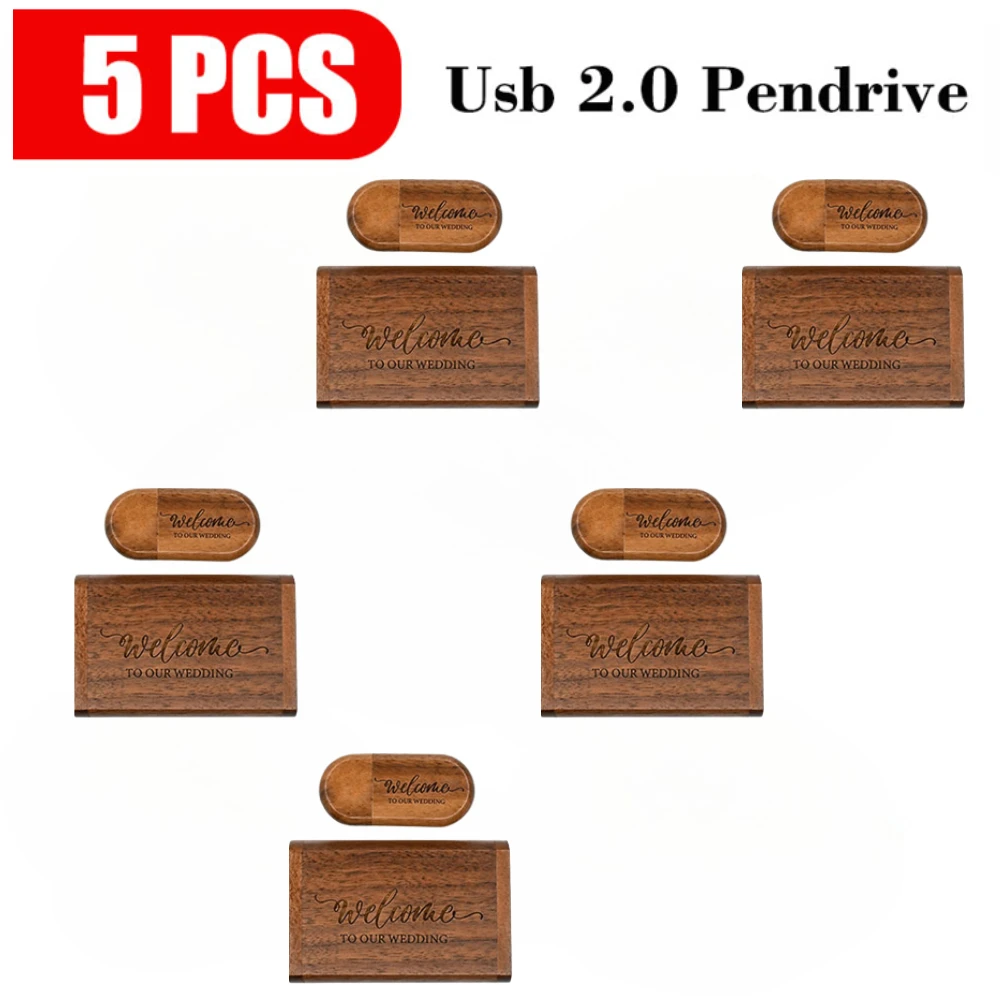 5 PCS/LOT USB Flash Drive Wooden Box Pen Drive Wood USB2.0 Free Custom Logo 32GB 64GB Memory Stick for Gift 4GB 8GB 16GB