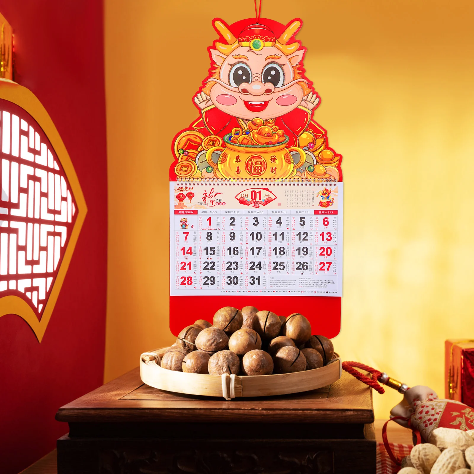 

1pcs Large Size Red Chinese New Year Calendar 2024 Hanging Wall Calendar For Home Office Decoration Year Festival