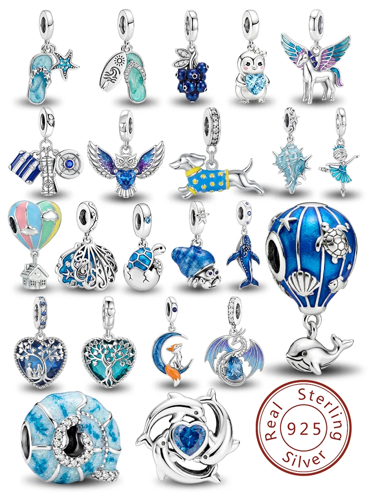 925 Sterling Silver Conch Penguin Hot Air Balloon Blue Series Charm Pendant for Bracelets DIY Women's High Quality Fine Jewelry