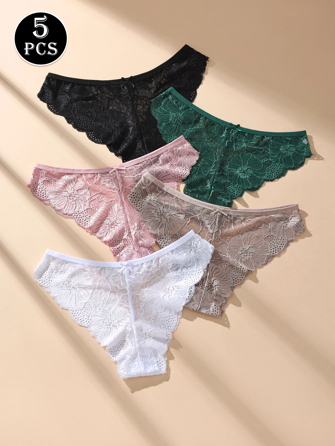 5PCS Frauen Floral Spitze Höschen Sexy Perspektive Unterwäsche Niedrige Taille Feste Unterhose Atmungsaktive Dessous Weibliche Dessous M-XL