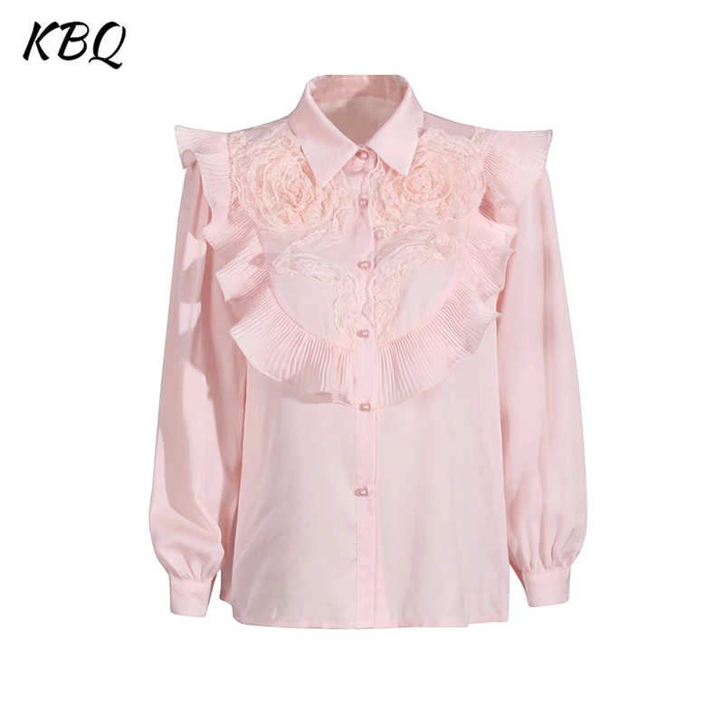 KBQ Solid Patchwork Ruffles Elegant Shirts For Women Lapel Long Sleeve Spliced Mesh Appliques Minimalist Slimming Blouses Female