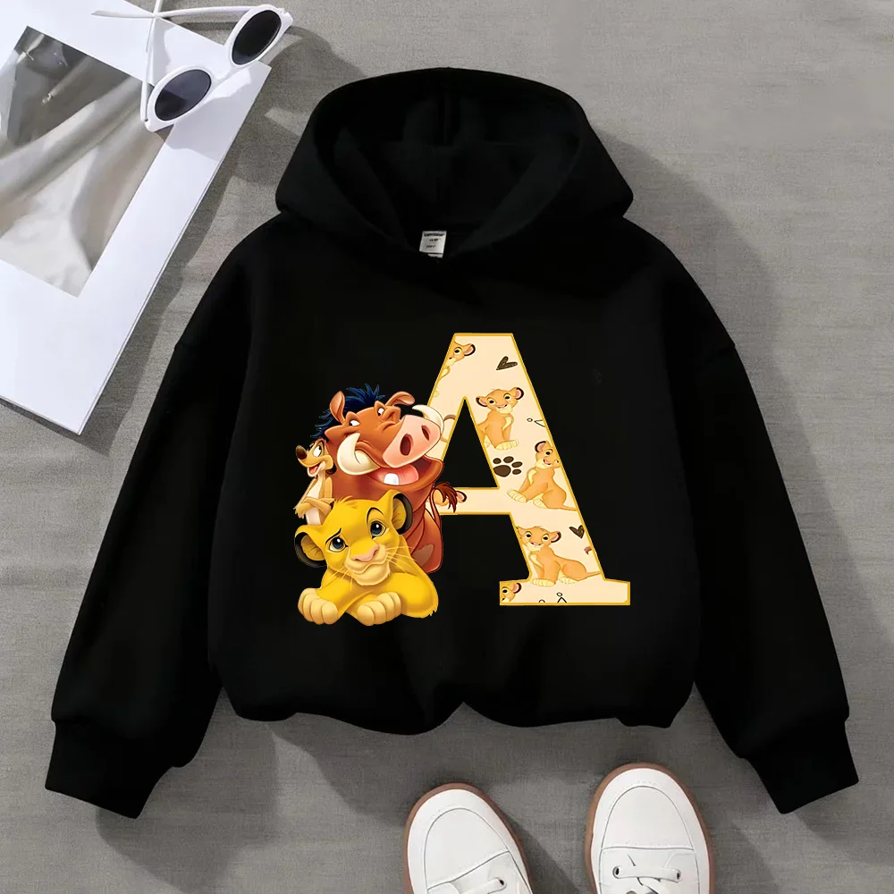 Sudadera de primavera para niños del Rey León Simba con letras de la A a la Z, sudadera con capucha con estampado bonito de Disney Pumbaa, ropa informal de manga larga para niños y niñas