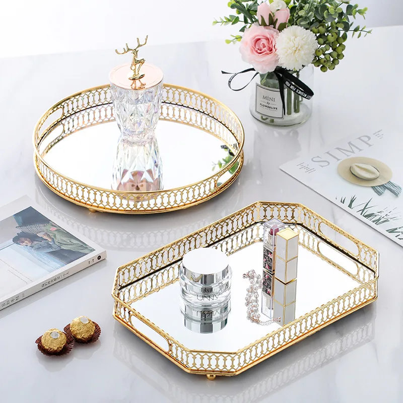 Metal Decorative Tray Makeup Organizer Box Jewelry Display Home Decorative Mirror Tray Fruit Snack Candy Dish Tea Table Storage