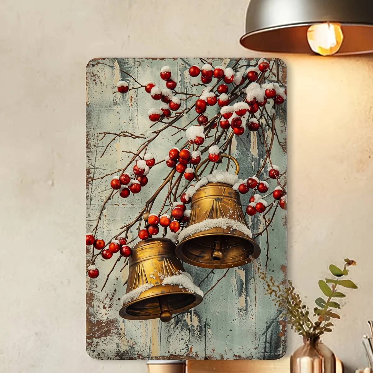 Vintage Christmas Bells Metal Tin Sign,  - Rustic Holiday Wall Art with Snowy Bells & Red Berries, Durable Iron Decor for Home,