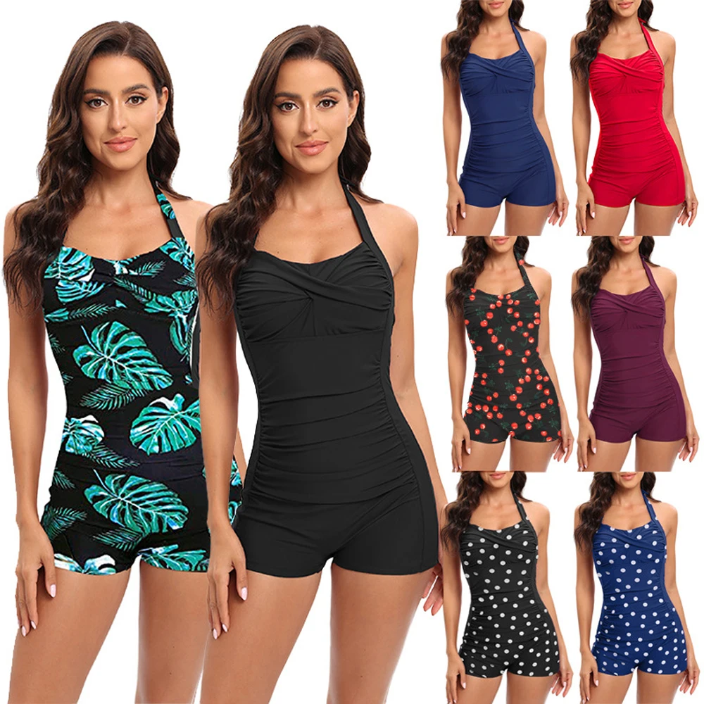 

Sexy Summer 2024 New One Piece Women Casual Tropical Print Tankini Swimsuit Set Adjustable Suspenders Elastic Beach Shorts