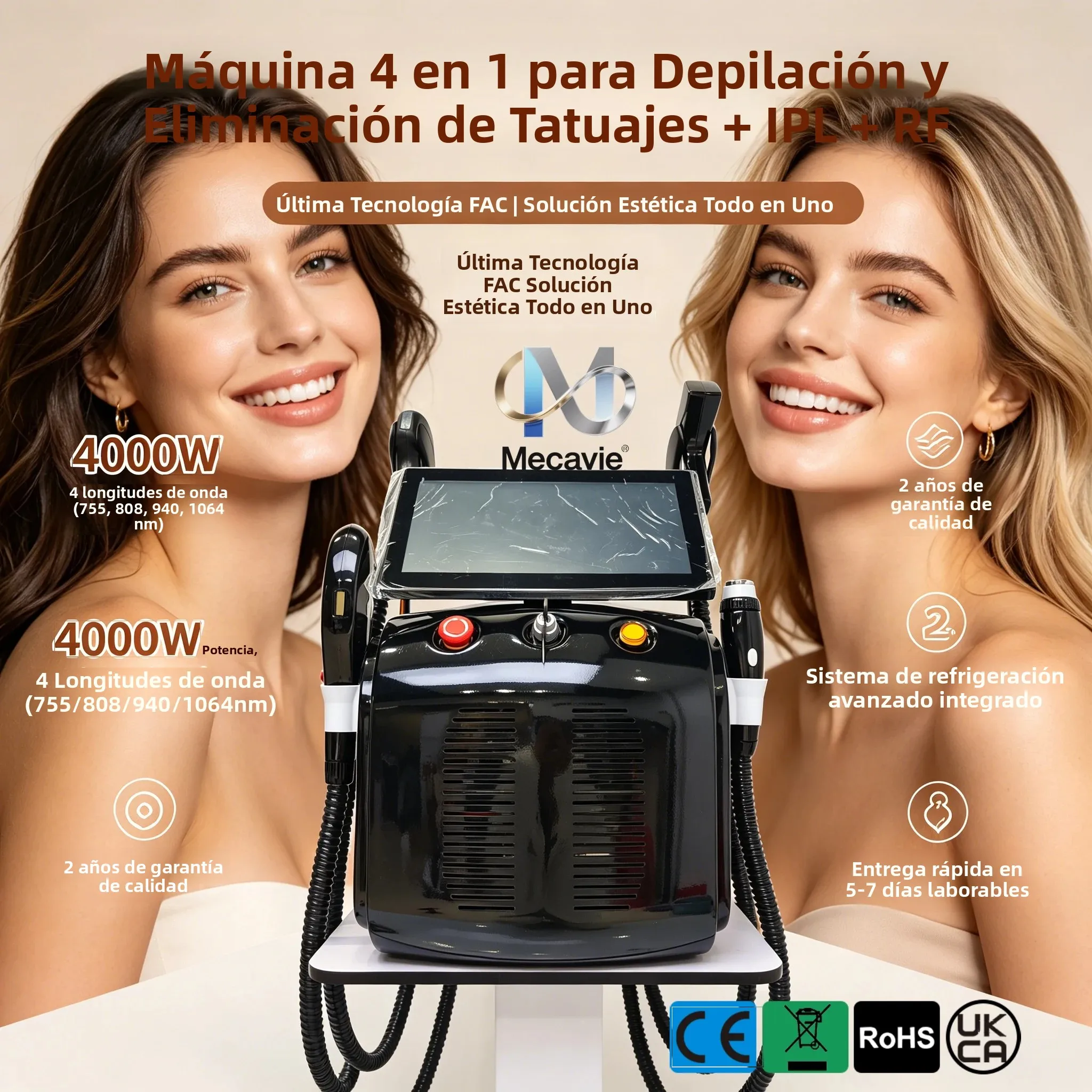 MECAVIE - Dispositivo de Depilación Láser de Diodo 4 en 1, Láser de Diodo Ice Platinum de 4 Longitudes de Onda, Máquina ND:YAG, Depilación Indolora, IPL RF