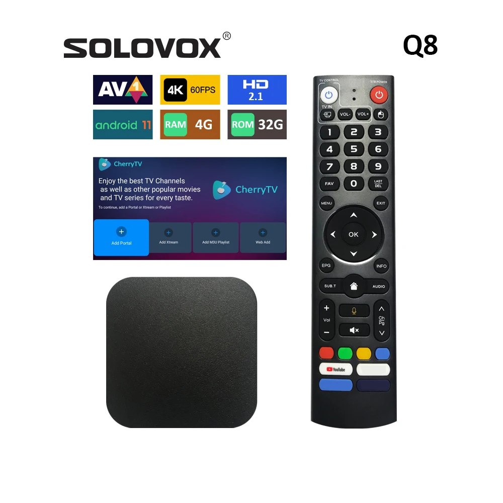 SOLOVOX 2023 Q8 CherryTV Live Android 11 TV BOX 4G 32G S905Y4 Quad Core 5G MIMO Dual WiFi Stalkermac ATV AV1 4K Decoder