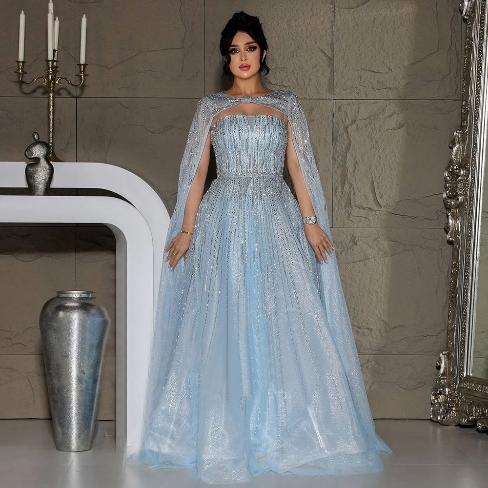 Serene Hill 2024 Arabic Blue Cape  A-Line Beaded Evening Dresses Long Celebrity Gowns  LA72427 Customized