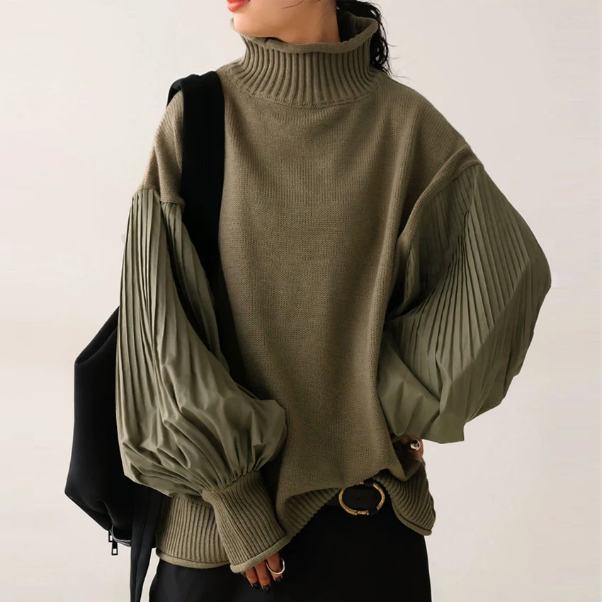 

High neck splicing women's pleated sleeves loose casual women's top knitted sweater jacket sueter mujer