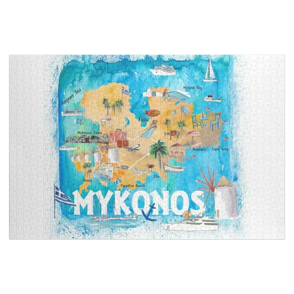 Mykonos Greece Illustrated Map with Main Roads Landmarks and Highlights Jigsaw Puzzle Jigsaw Custom Custom With Photo Puzzle