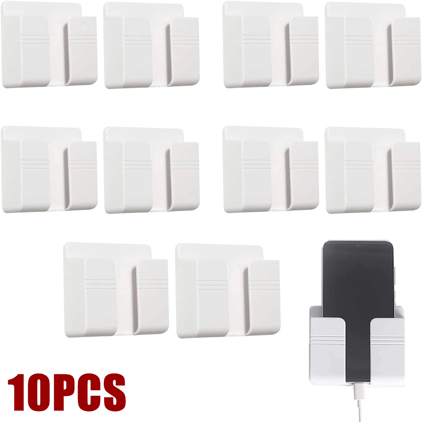 

10pcs Wall Mount Phone Holder White Punch Free Wall Mobile Phones Charging Stand Lazy Sticky Remote Control Storage Box