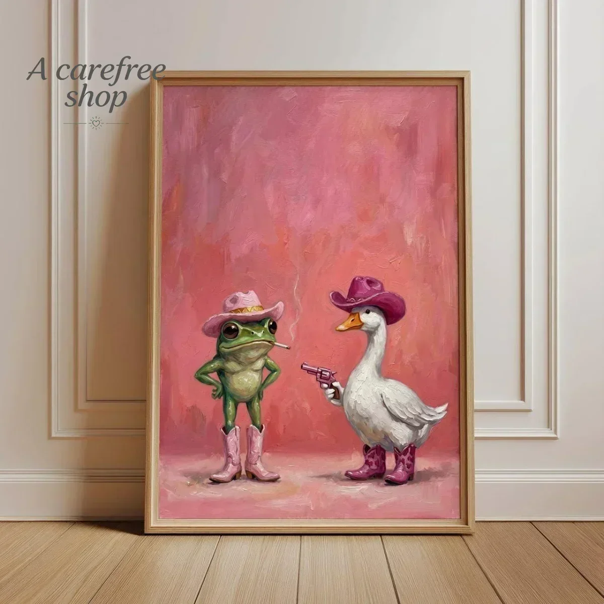 Whimsical Pink Cowboy Frog Duck Canvas Print Poster Dopamine Funny Animal Art Prints Wash Room Bathroom Wall Art Home Decor