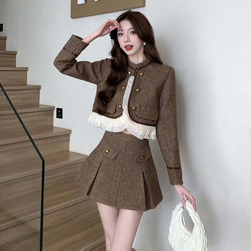 UNXX Wood Ear Splicing Woolen Blazers Skirt Suits Vintage Contrast Double-breasted Woolen Coat Long Skirt Two-piece Sets Women