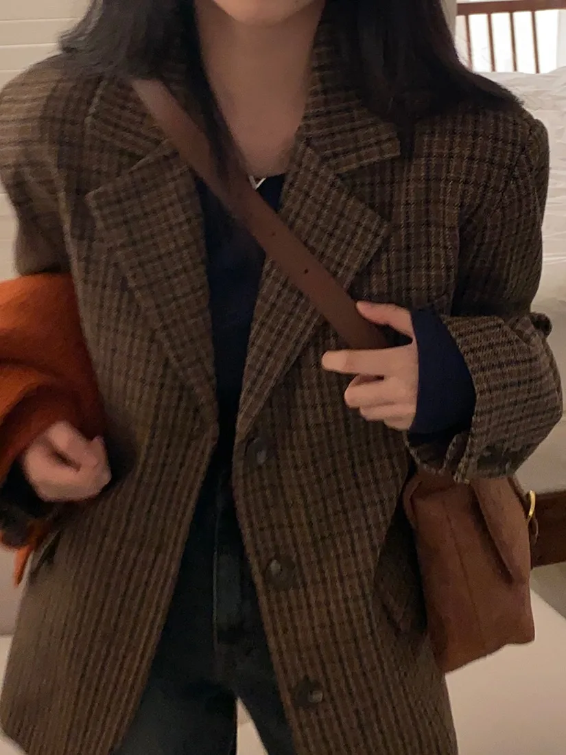 JLINS Ретро клетчатый костюм Jaet для женщин осень-зима корейский Sle длинный свек на пуговицах повседневная верхняя одежда