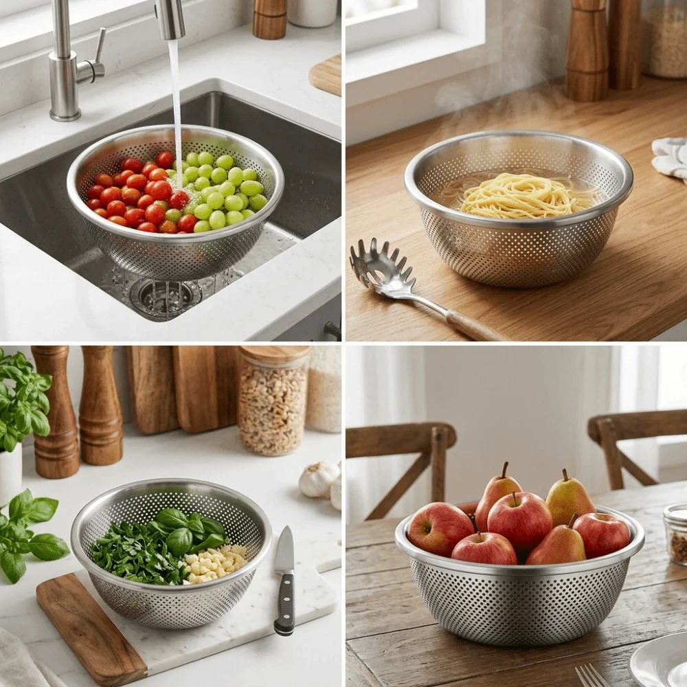 3Pcs Rustless Steel Draining Basket Thickened Anti-collision Basin Wall Vegetable Colander Set Uniform Dense Draining Holes