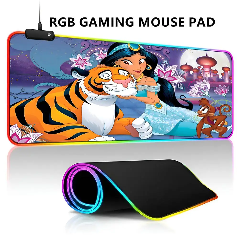 Disney Aladdin Princess Jasmine and Prince RGB LED Light Gaming Mousepad Waterproof Large Gamer Mouse Carpet Big Mause Keyboard