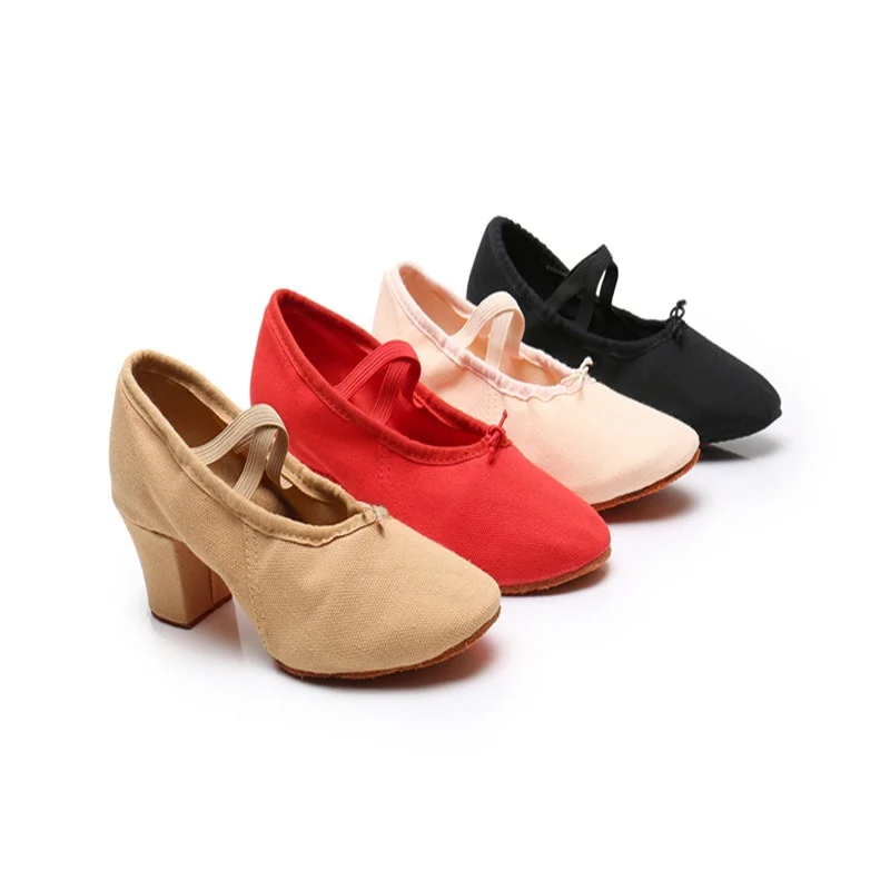 Women's 5cm High Heel Ballet Practice Yoga Performance Leather Bottom Teacher Dance Shoes Canvas Help Material Ballet Shoes