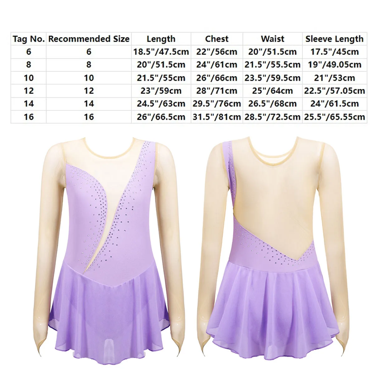 Girls Figure Ice Skating Dress Roller Skating Gymnastic Leotard Diamonds Mesh Long Sleeves Tulle Splice Ballet Dance Costume