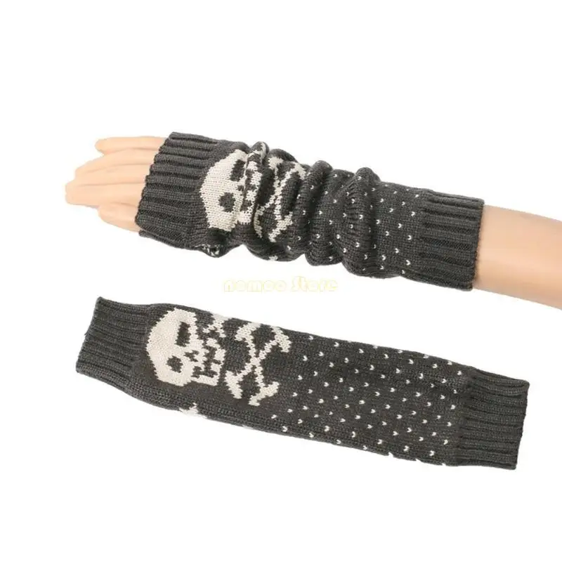 31BF Knit Skull Pattern Gloves Winter Half Finger Mitten Thicken ให้ถุงมือข้อมือยาวยาวสำหรับแฟนสาว