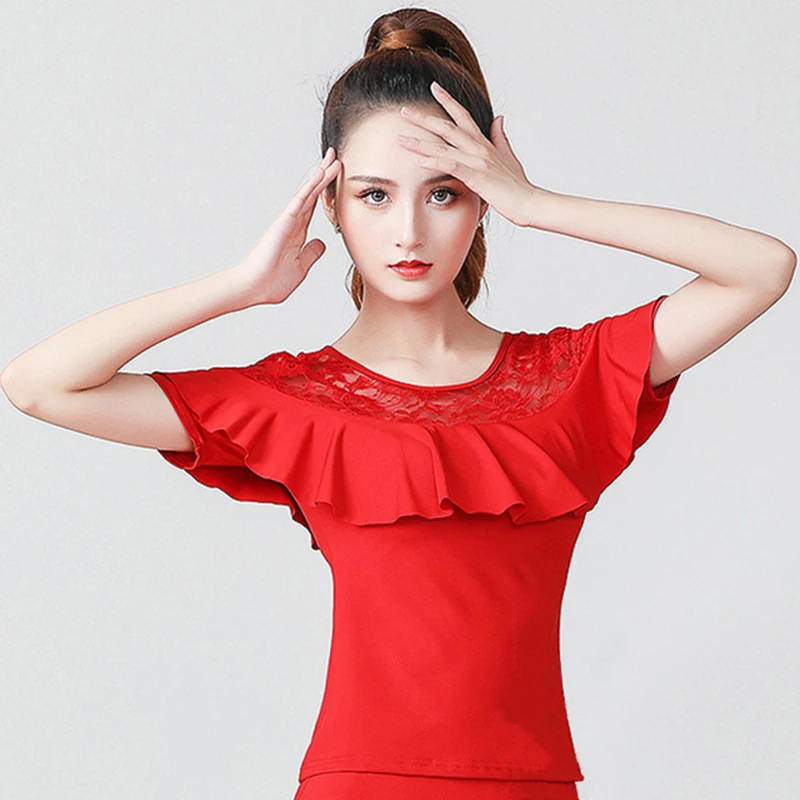 Women Latin Dance Tops Tango Jazz Waltz Ballroom Dancing Shirts Short Sleeve Ruffles T-shirts Dance Practice Performance Costume