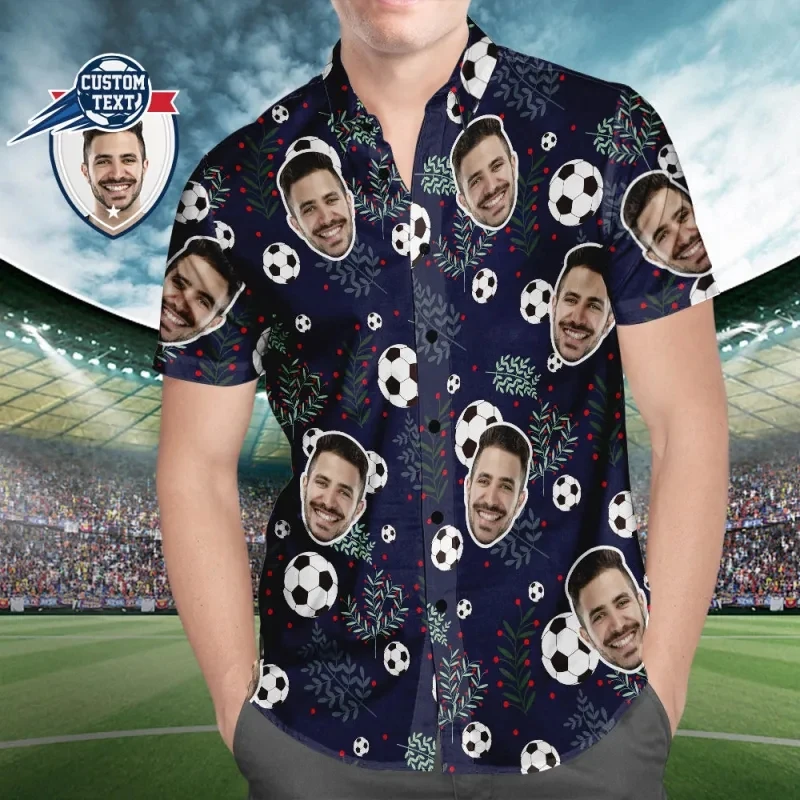 Custom Face Soccer Pattern Hawaiian Shirts For Men Full Print Green Plants Beach Shirt For Soccer Lovers Mens Oversized Tshirt