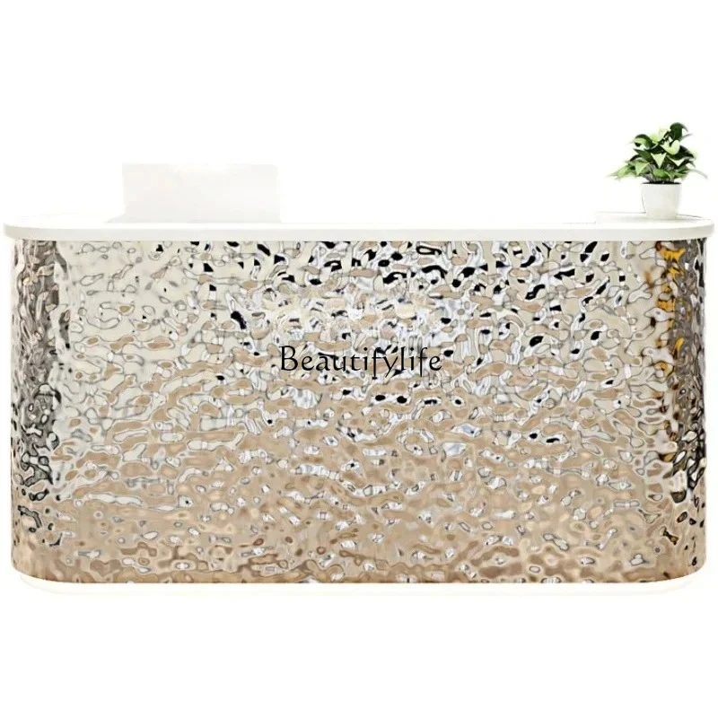 

Curved Water Ripple Stainless Steel Cashier Bar Small Clothing Store Counter Commercial Front Desk Reception Desk