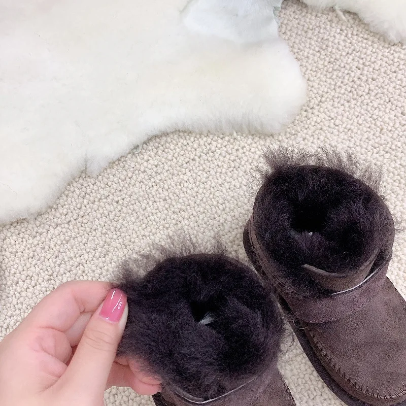 شتاء دافئ الصوف طفل الفتيان الثلوج الأحذية عالية الجودة جلد الغزال طفل فراء الأحذية جلد البقر عدم الانزلاق فتاة الأحذية الدافئة #4