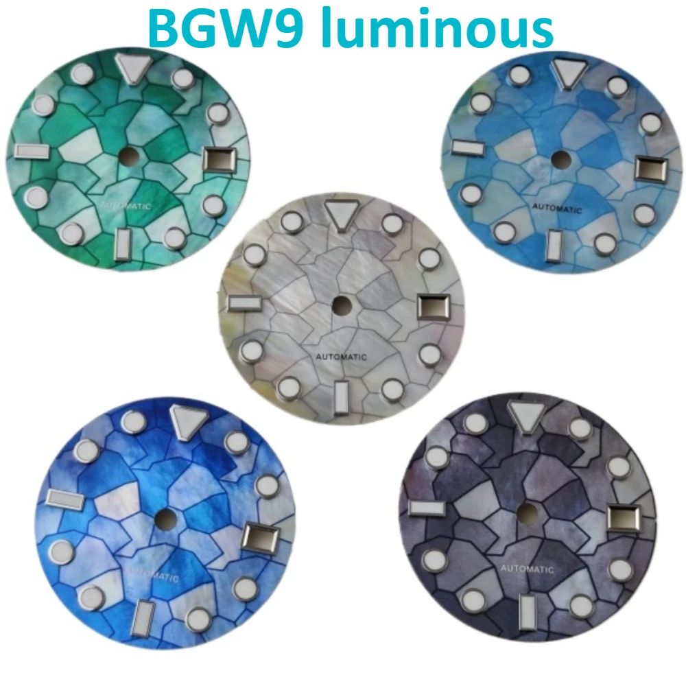 

New 28.5mm Patchwork MOP Puzzle Triangle Markers BGW9 Luminous Watch Dial for NH35/NH36 Automatic Movement Case Mod Parts
