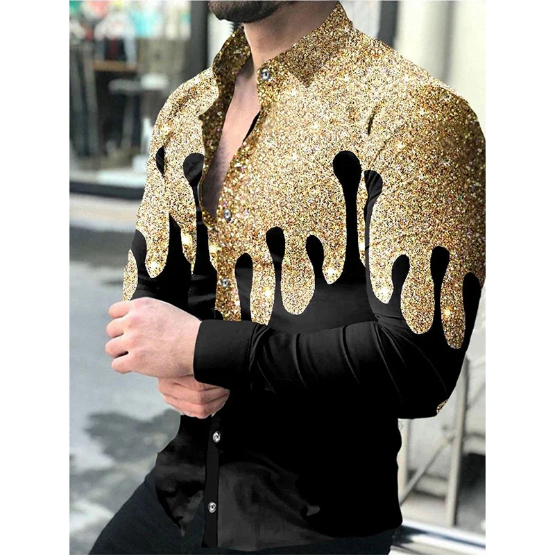 

2023 New Fashion Men Long Sleeve Shirts Turn-down Collar Buttoned Shirt Casual Quicksand Print Tops Men's Outdoor Clothing