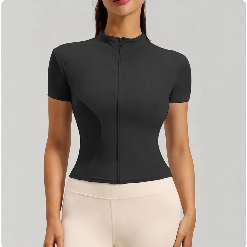 Women Gym Yoga Shirt Stand Collar Slim Fit Top Quick Dry Breathable Fitness Running Clothes Athletic Sportswear Elastic Tee