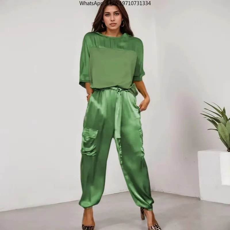 Women Satin 2 Piece Set Solid Color 3/4 Sleeve Pullover Top Belted Pants Suit