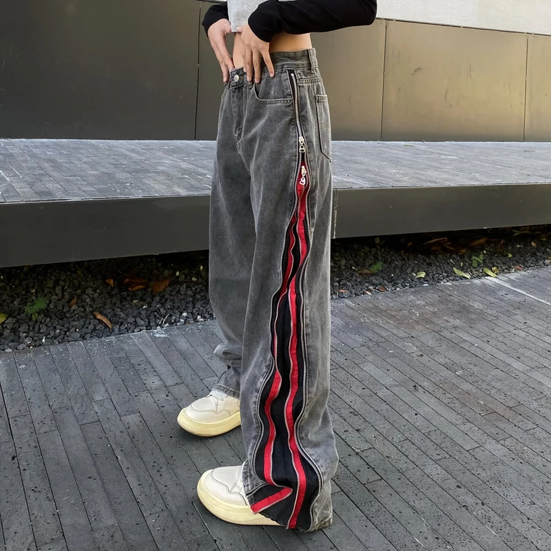 American Retro Side Zipper High Street Jeans Men and Women European and American Loose Mop Pants