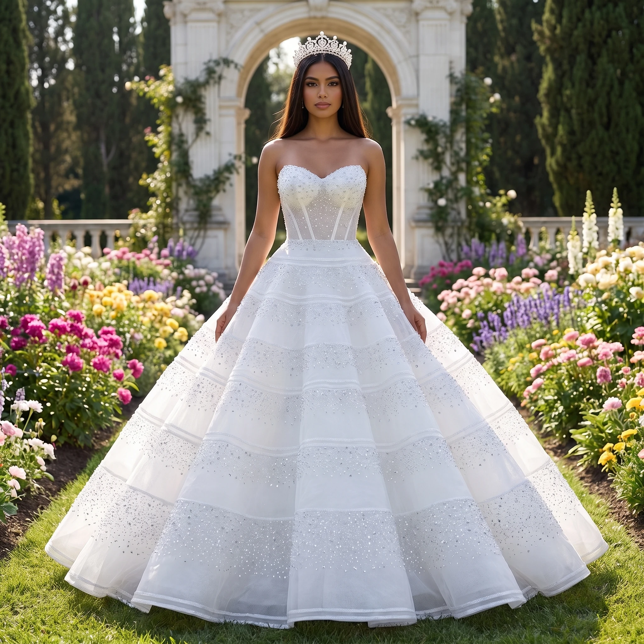 Exquisite White A-line Customized Wedding Dress For Bride Strapless Sequins Tiered Skirt Floor-Length Vestido De Novia