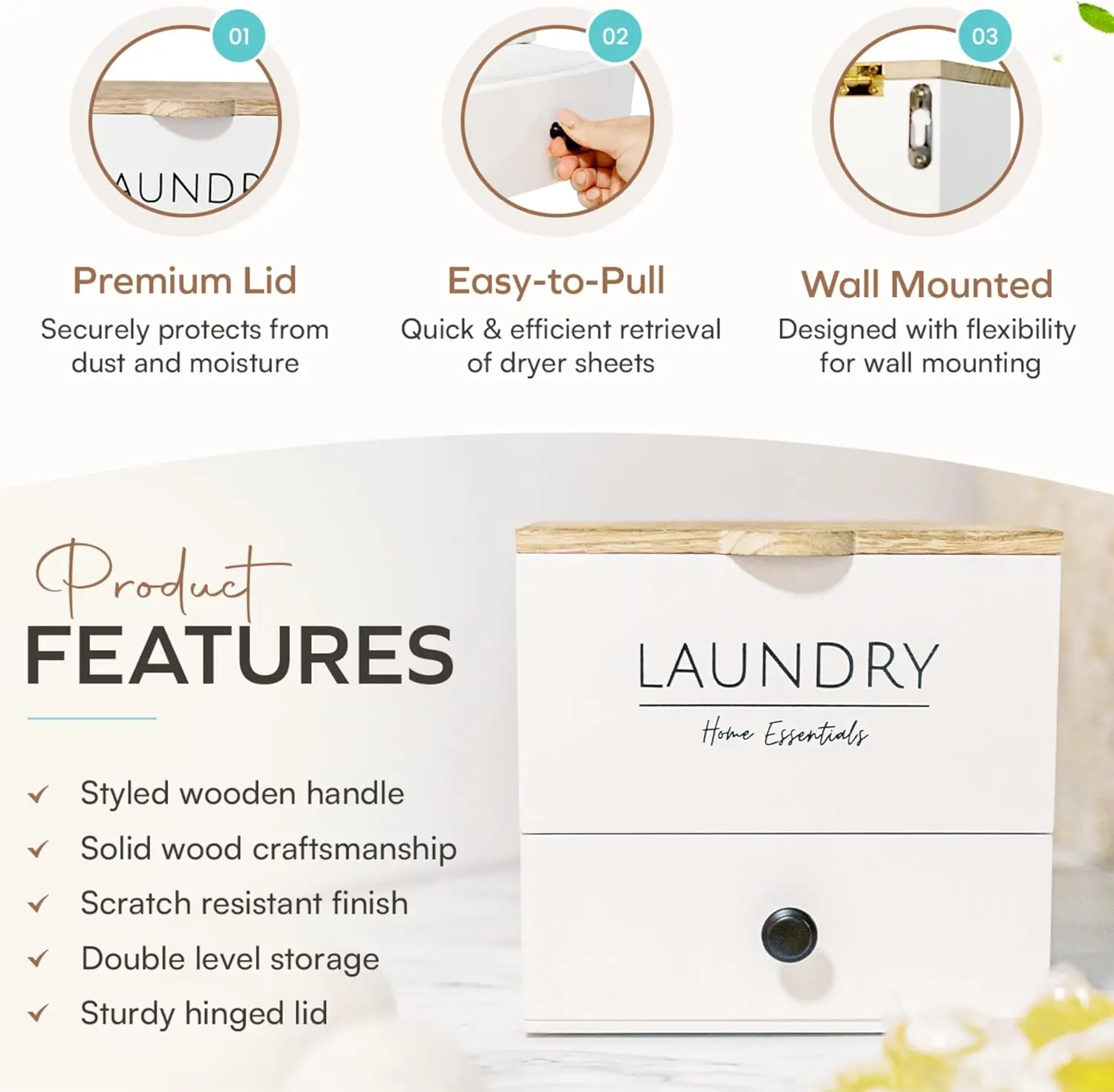 Wooden Box Laundry Detergent Pods Container Modern Large Wall Mount Anti Slip 2 in 1 Dryer Sheet Holder Hot Sale