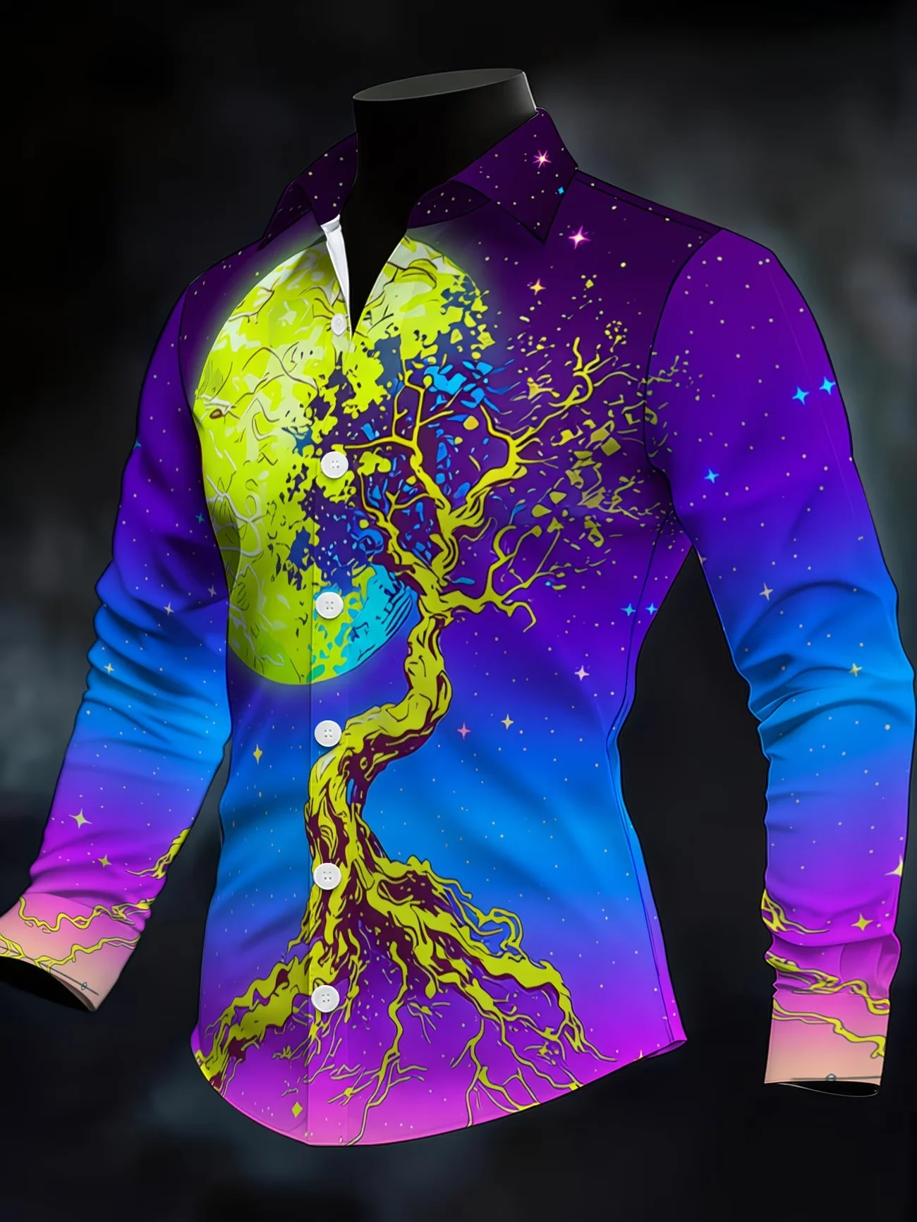 New Wine Red Background Hot Stamping Ethnic Style Printed Men's Long Sleeved Shirt Retro Style Casual Flower Shirt
